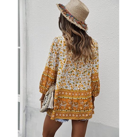 Orange & White Boho Floral Printed Tie V-Neck Loose Flowy Long Sleeve Top Blouse - Picture 4 of 6